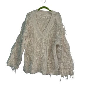 By Anthropologie Shaggy Cable Knit Sweater (Fringe V-Neck Pullover) Medium